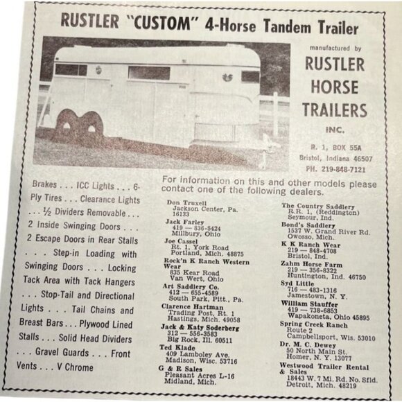 Rustler Horse Trailers Vintage Print Ad Bristol Indiana 4 Horse Tandem Trailer - Picture 6 of 6